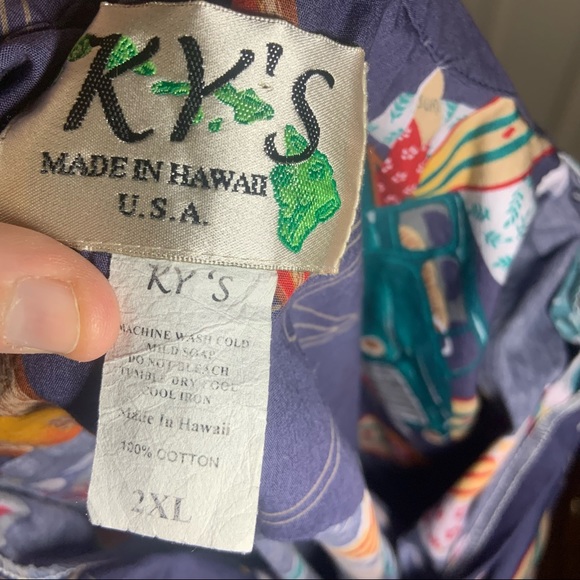 KY’s Blue Multicolor Hot Rod/Surf Board Print Button Up Shirt 2XL - Picture 2 of 9
